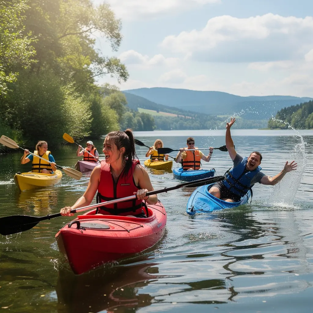 A serene view of Liptovská Mara lake surrounded by lush green mountains under a clear blue sky.