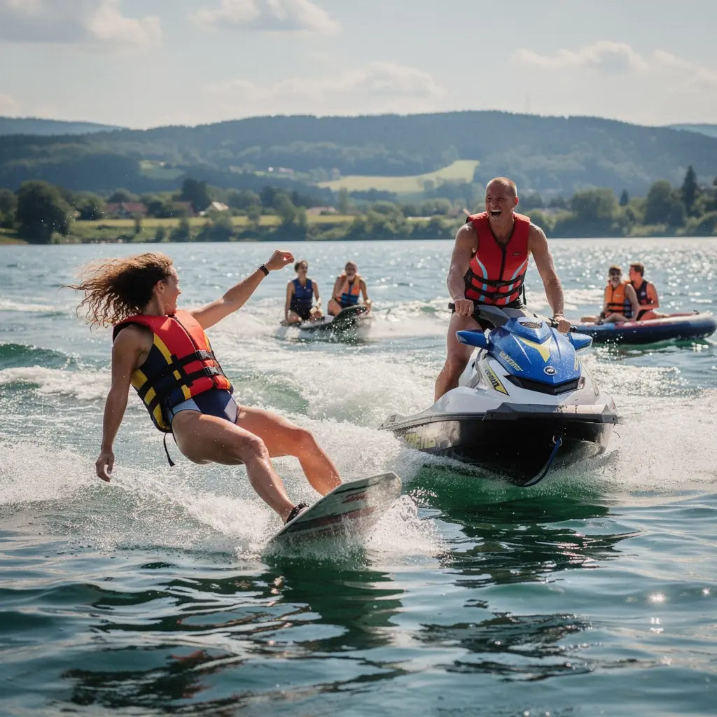 A group of friends kayaking together, navigating the gentle waves of Liptovská Mara for a fun adventure.