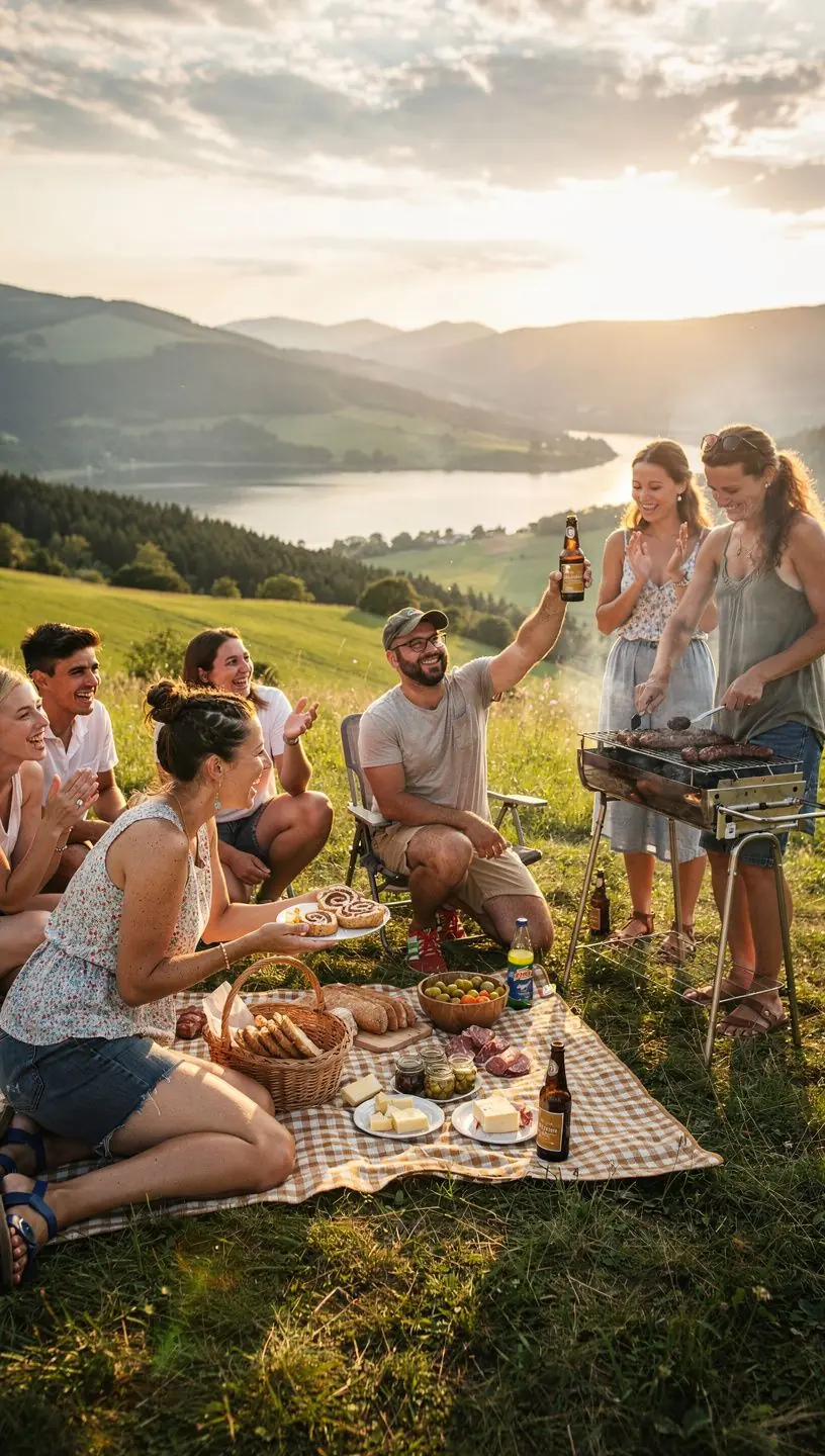 Colorful beach umbrellas and sun loungers set up along the sandy shore, inviting visitors to relax and unwind.